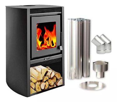 Estufa Calefactor A Leña De Alto Rendimiento Metávila 680gf - Hasta 52m2 - Con Kit De Caños Para Pared, Sistema De Doble Combustión, Ecológico Y Seguro - Color Grafito